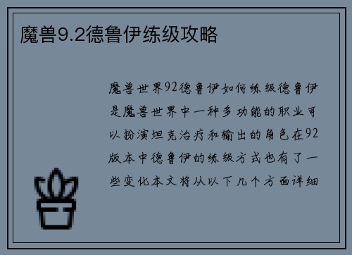 魔兽9.2德鲁伊练级攻略
